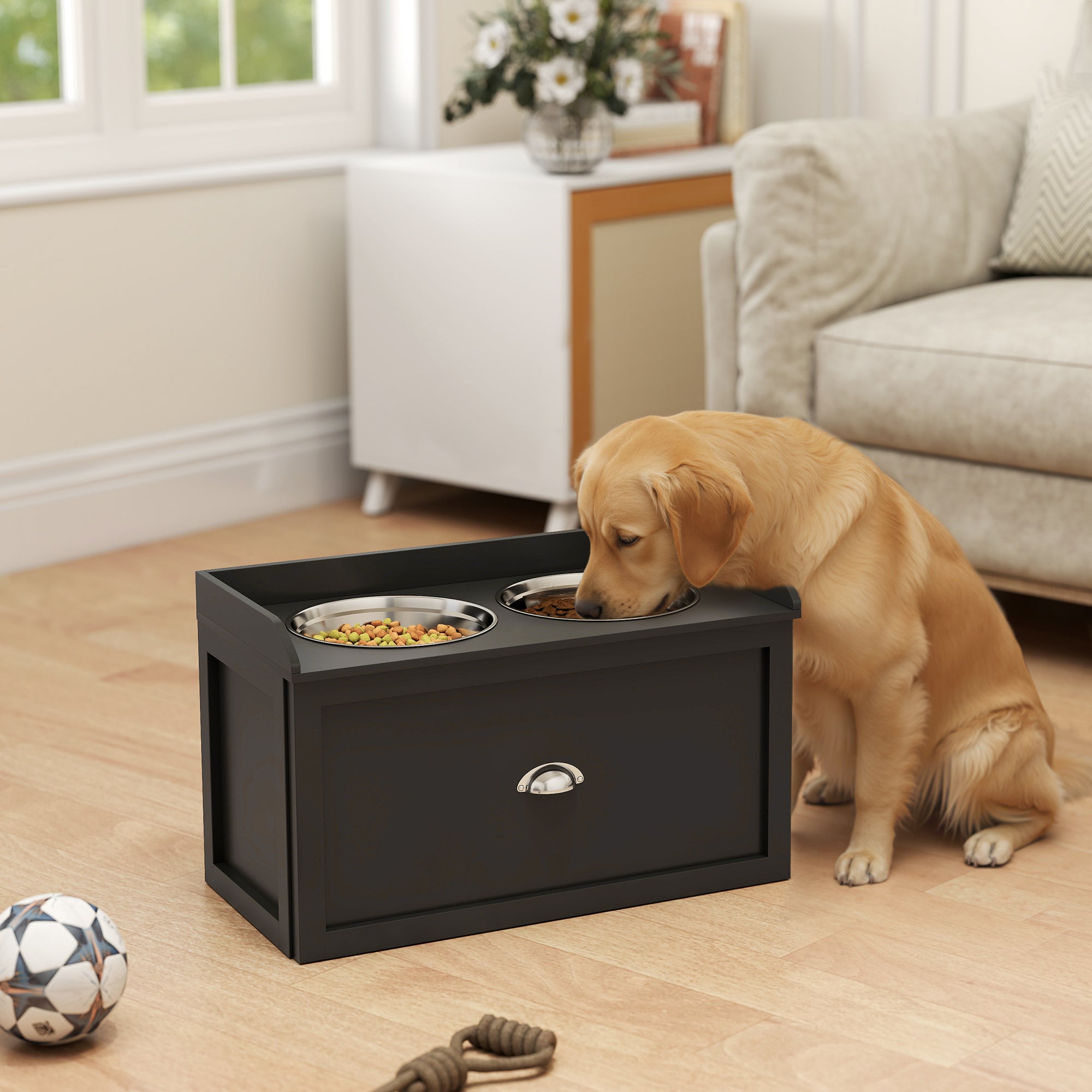 Pet Feeding Station with Storage – 2 Elevated Dog Bowls for Large Dogs, Modern Black