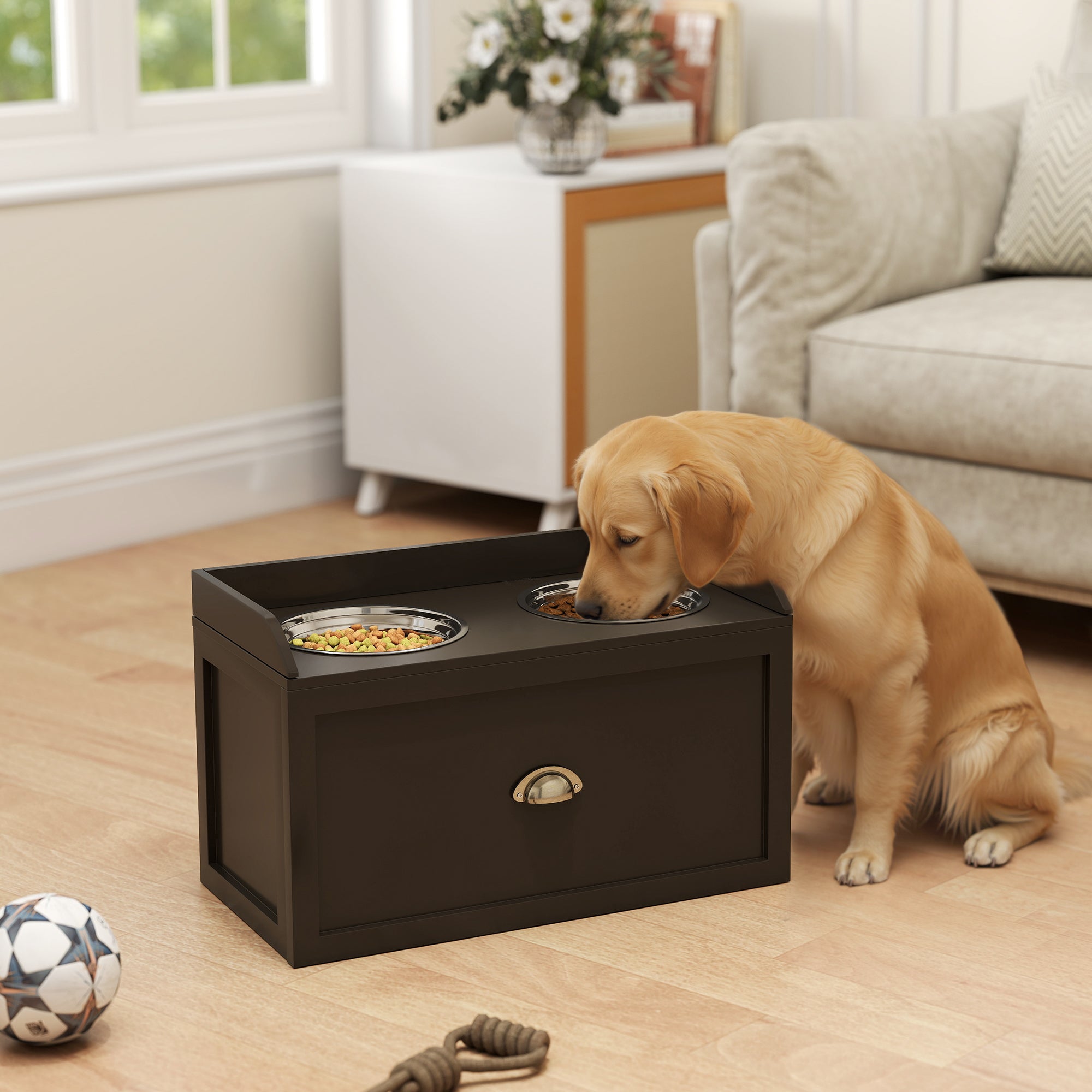Pet Feeding Station with Storage & 2 Raised Bowls for Large Dogs | Coffee