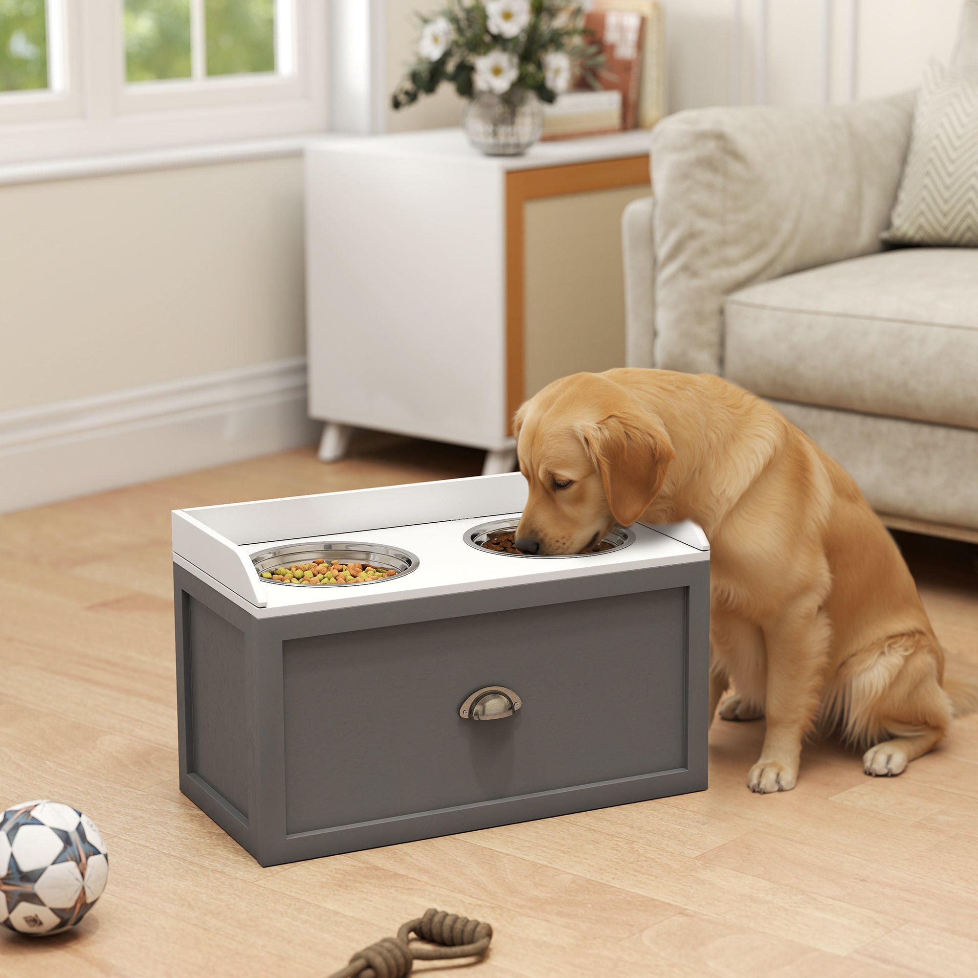 Raised Dog Feeding Station with Storage | 2 Elevated Bowls for Large Breeds | Gray
