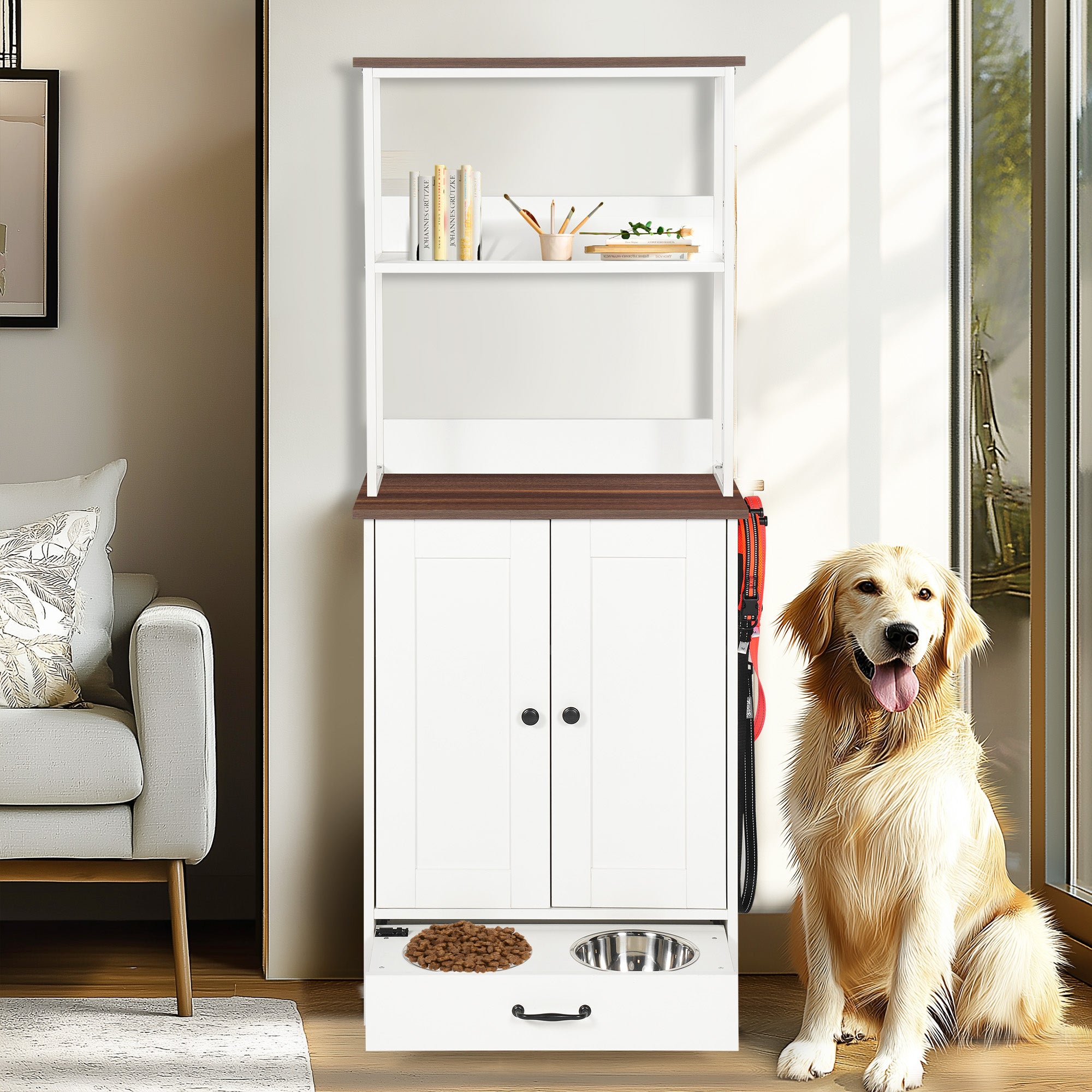 Pet Feeding Station With Bowls & Storage Cabinet — Adjustable 2-Level Shelving for Dogs & Cats
