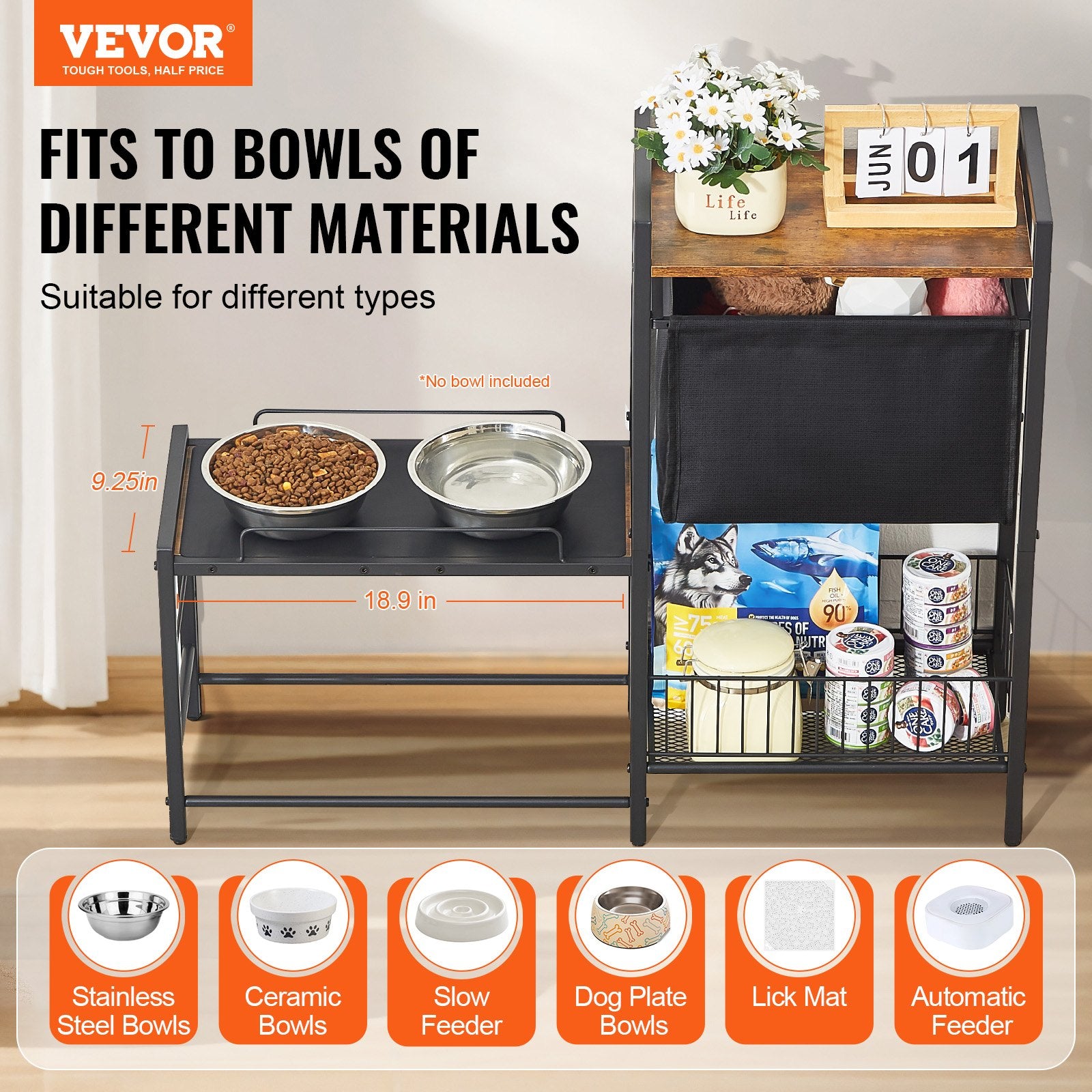 Pet Feeding Station With Storage | Raised Dog Bowls, Food & Toy Organizer